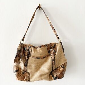 B Makowsky Snake Leather Trimmed Beige Fabric Shoulder Handbag Purse Bag